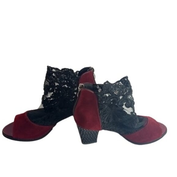 Jsaierl Womens Peep Toe Ankle Bootie Maroon Suede Black Lace 38 7.5 - Picture 6 of 9